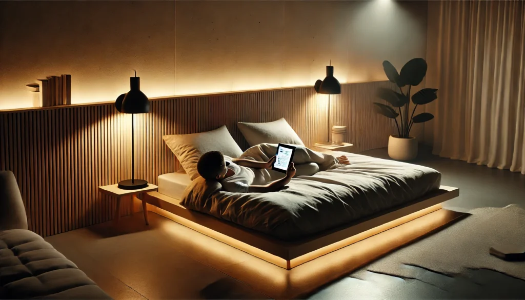 A modern minimalist bedroom featuring a person lying on a neatly made bed, reading on an e-reader under soft, warm lighting. The calm and clean design highlights relaxation and nighttime reading.