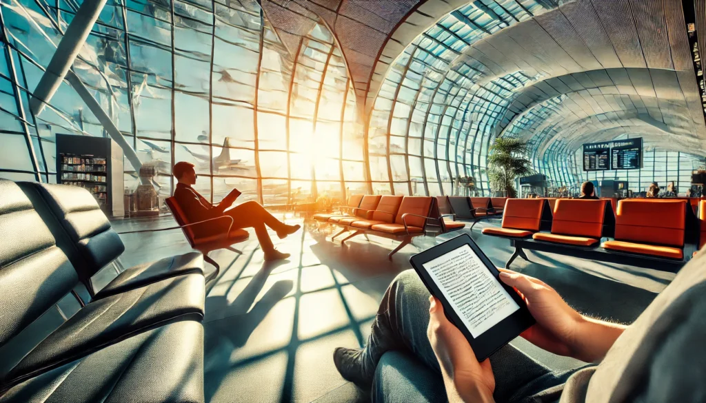 A vibrant airport lounge with a person comfortably seated, reading on an e-reader, surrounded by modern decor and large windows with sunlight streaming through. The scene highlights the convenience of reading on the go during travel.