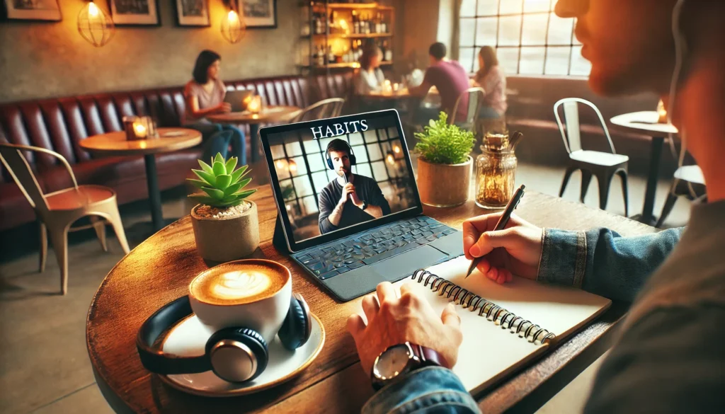 A person in a cafe with headphones, taking notes while watching a motivational video about habits on a tablet, surrounded by a warm and cozy ambiance with coffee and plants.