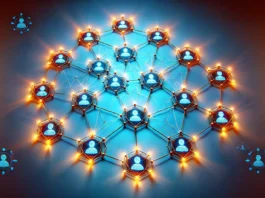 A symbolic digital network featuring interconnected glowing nodes forming a web, set against a vibrant blue gradient background. The image represents individuals sharing ideas and habits within an online community.