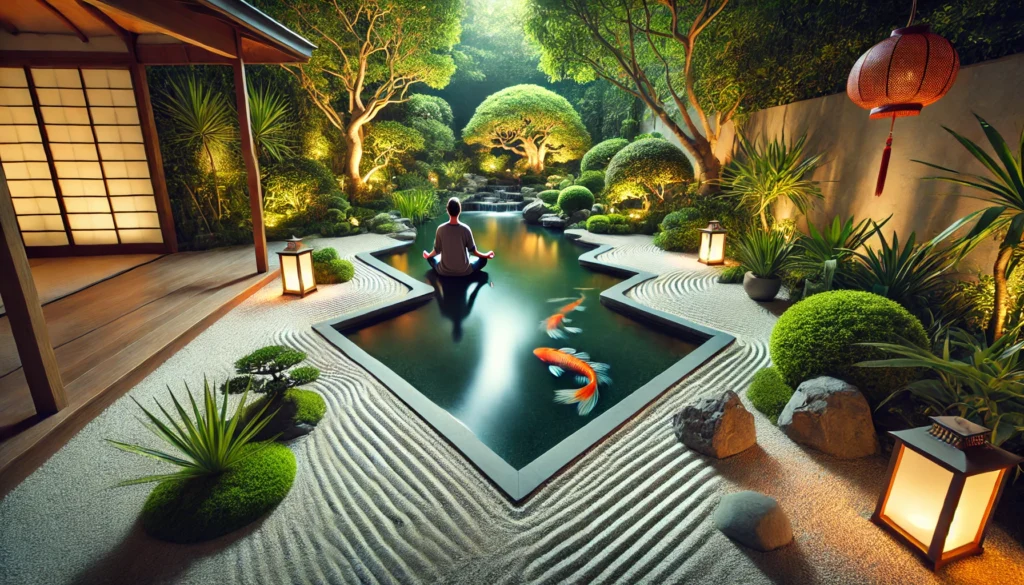 A peaceful Zen garden with a person practicing meditation beside a tranquil koi pond, surrounded by neatly raked sand, lush greenery, and soft ambient lighting, representing inner peace and mindfulness.