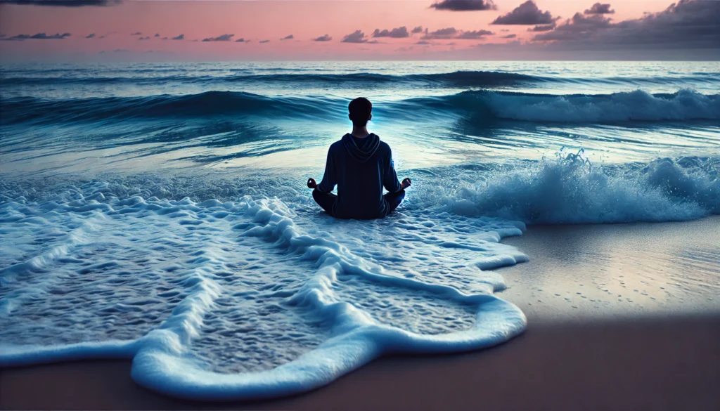 A calm ocean scene at dusk, where a person sits cross-legged on the beach, eyes closed, experiencing mindfulness as gentle waves touch the shore, symbolizing relaxation and emotional balance.