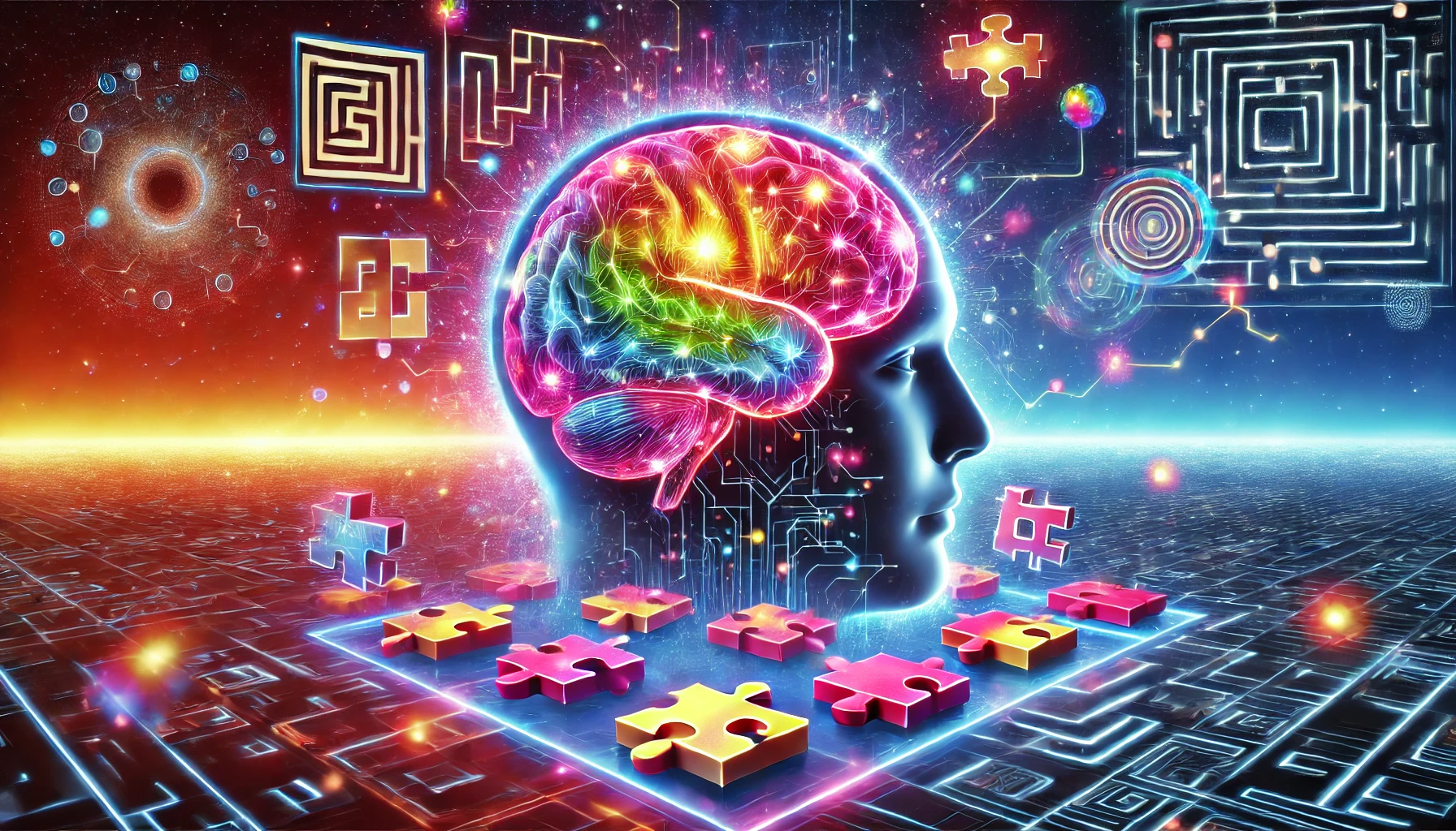 A futuristic and vibrant visualization of a human brain expanding with glowing neural pathways, surrounded by floating puzzle pieces, mazes, and abstract intelligence-boosting elements. The background features a high-tech digital interface, symbolizing IQ enhancement through brain games.