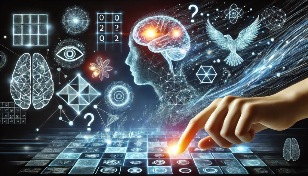 An artistic and dynamic depiction of a person engaging with holographic brain-training puzzles, including logic grids, memory tests, and strategy-based challenges. The glowing elements represent cognitive growth and IQ improvement through interactive games.