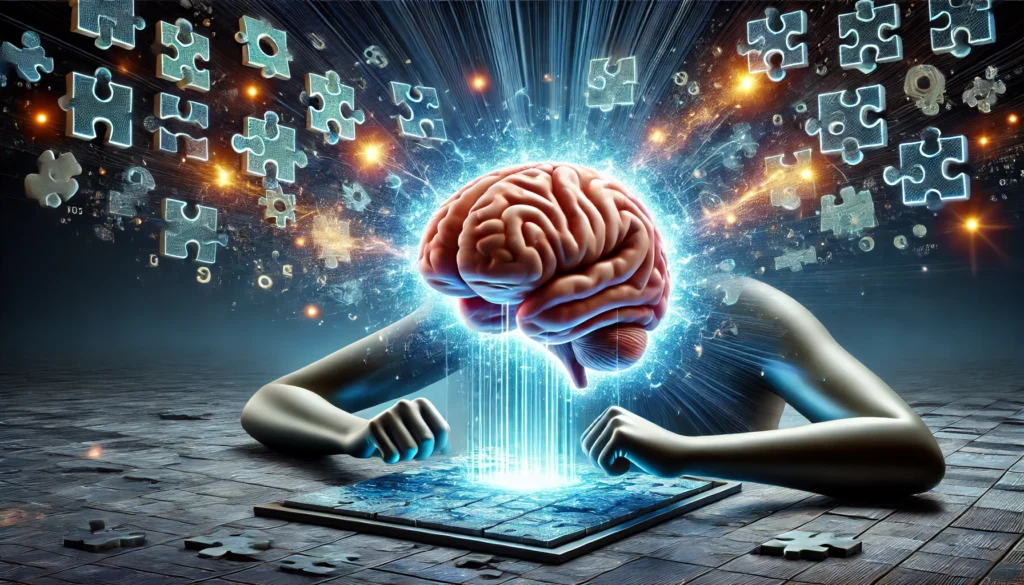 A conceptual scene of a human brain absorbing knowledge through interactive 3D puzzles and mind-bending challenges. The brain glows with energy, representing enhanced intelligence, logical reasoning, and problem-solving skills boosted by brain games.