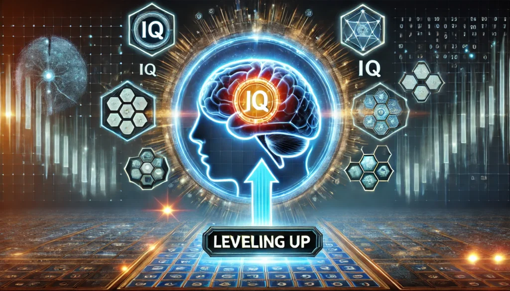 A powerful and futuristic representation of a human mind leveling up, with glowing IQ meters and a brain surrounded by strategic puzzle elements. The background consists of a digital intelligence matrix, symbolizing the impact of brain games on mental acuity.