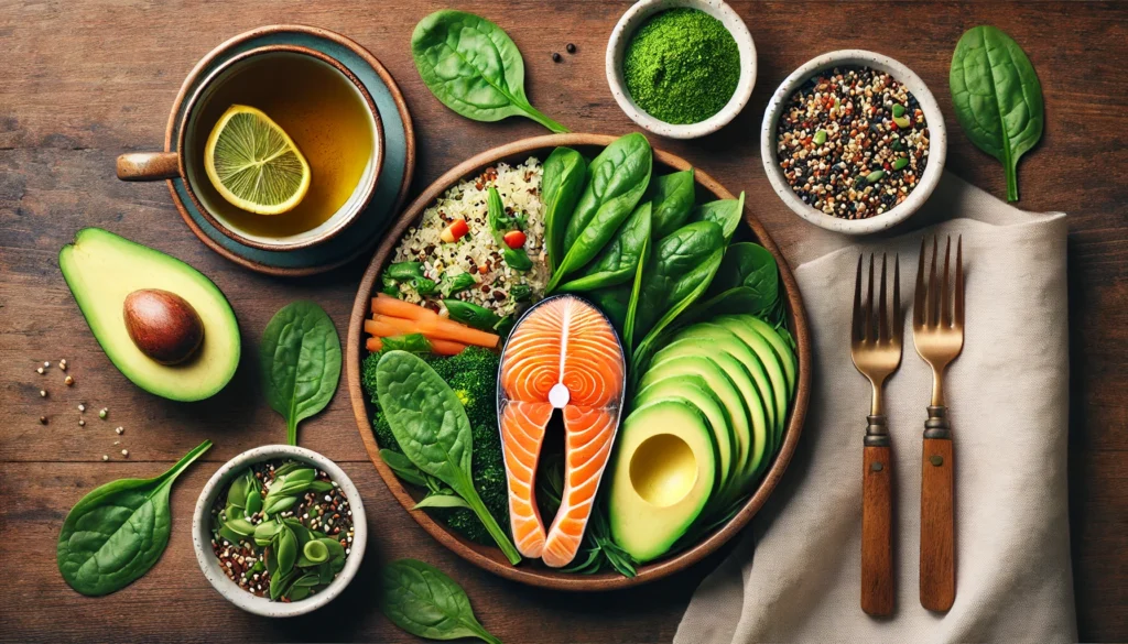 A top-down view of a wooden table with a nutrient-rich meal for focus and energy, featuring a plate of salmon, quinoa, spinach, avocado, and a cup of green tea. The vibrant and fresh ingredients highlight foods that boost mental performance and sustained energy.