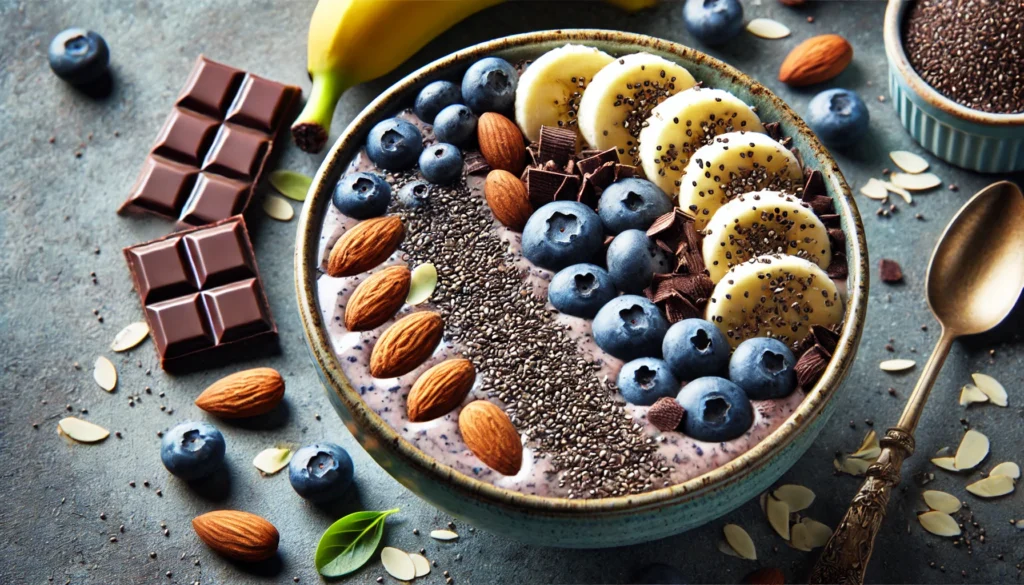 A close-up of a smoothie bowl filled with energy-boosting ingredients such as bananas, chia seeds, almonds, blueberries, and dark chocolate shavings. The vibrant and nutritious composition represents foods that enhance concentration and cognitive function.