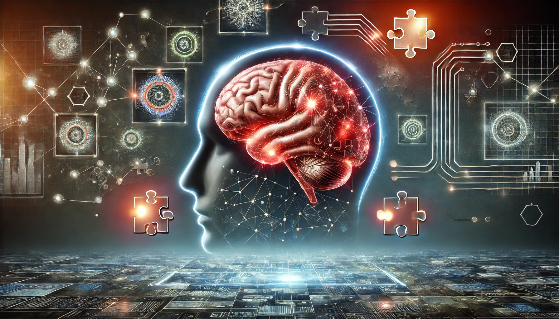 A futuristic visualization of an adult brain engaged in a challenging mental game, with glowing neural connections and puzzle pieces floating around. The background features an abstract digital interface, symbolizing cognitive stimulation and mental fitness.