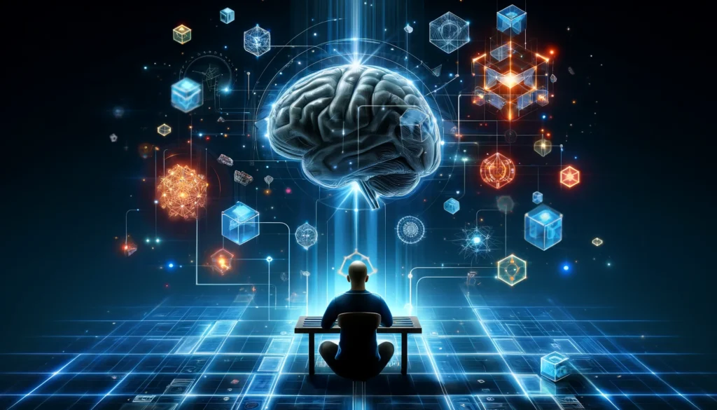 A conceptual image of a person engaging in a strategic brain game, surrounded by floating cubes and glowing logic patterns. The futuristic setting symbolizes mental fitness, decision-making, and cognitive challenge through interactive games.