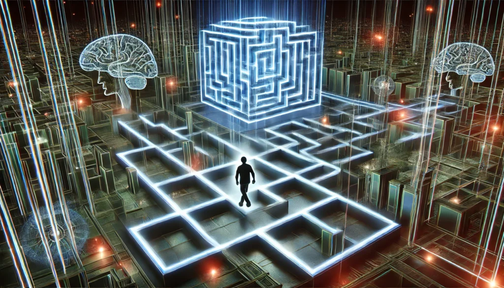 A futuristic and immersive scene of an adult navigating a three-dimensional mental maze, with glowing pathways representing problem-solving and cognitive training. The environment illustrates the depth and complexity of challenging brain games for mental fitness.