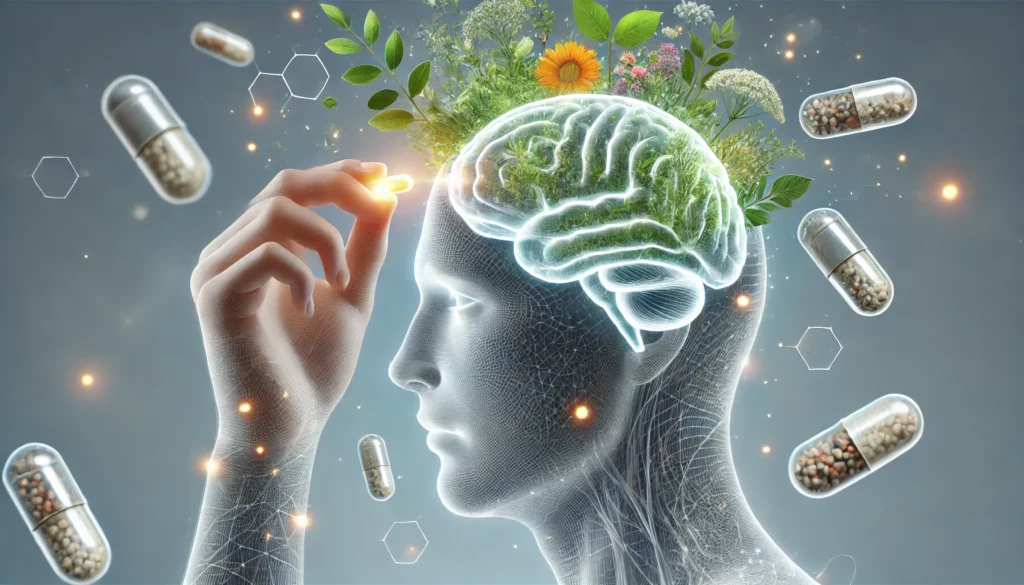 A futuristic and clean concept of a human brain receiving nourishment from natural supplements. The image features organic ingredients like herbs and capsules gently glowing as they interact with the brain, symbolizing holistic cognitive health and neuroprotection.