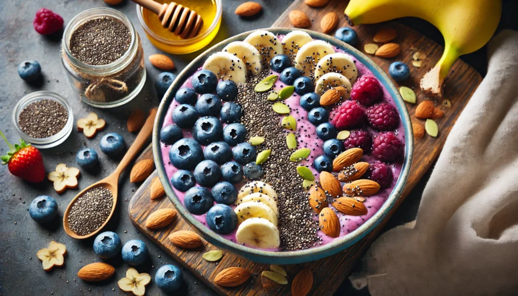 A close-up of a smoothie bowl filled with brain-boosting ingredients, including blueberries, chia seeds, almonds, and banana slices, garnished with a drizzle of honey. The vibrant and colorful presentation highlights a nutrient-rich diet for enhancing memory and strengthening neural pathways.