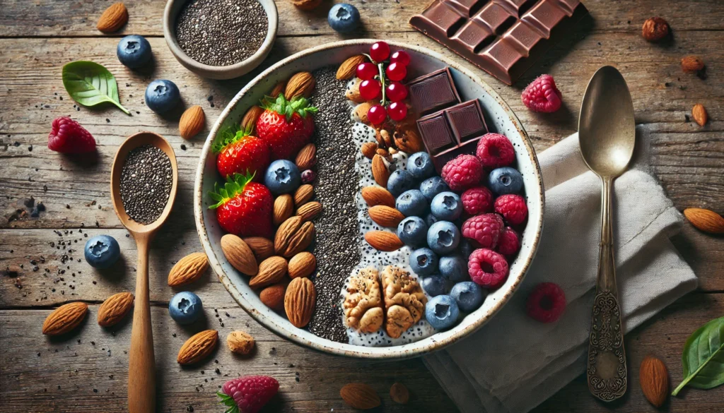 A beautifully arranged breakfast bowl filled with brain-fog-fighting ingredients such as chia seeds, almonds, mixed berries, and dark chocolate shavings, placed on a rustic wooden table. The fresh and balanced composition highlights nutrition for mental clarity and neural support.