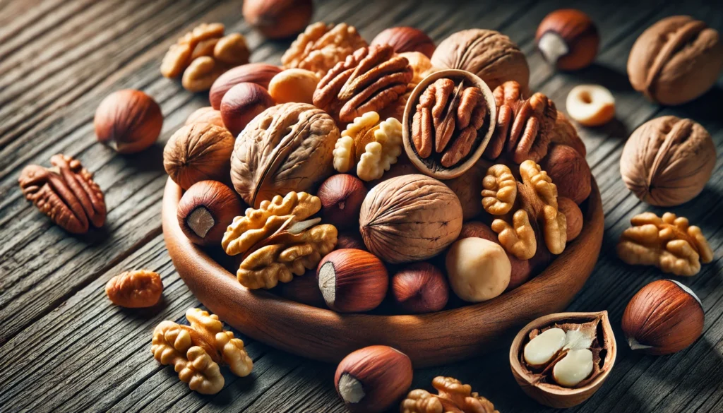 A close-up of a handful of mixed nuts, including walnuts, pecans, and macadamia nuts, resting on a dark wooden surface. The rich details highlight the brain-boosting properties of these nutrient-dense foods for cognitive function and memory support.