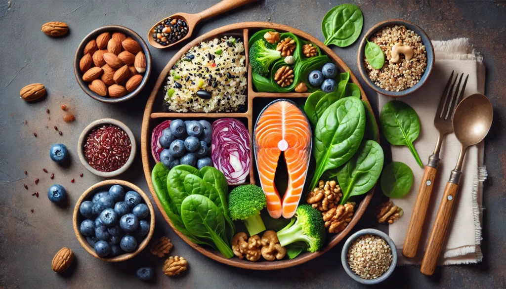 A top-down view of a balanced MIND diet meal featuring grilled salmon, quinoa, steamed spinach, mixed nuts, and a side of blueberries. The vibrant ingredients highlight foods that support cognitive health and memory boosting.