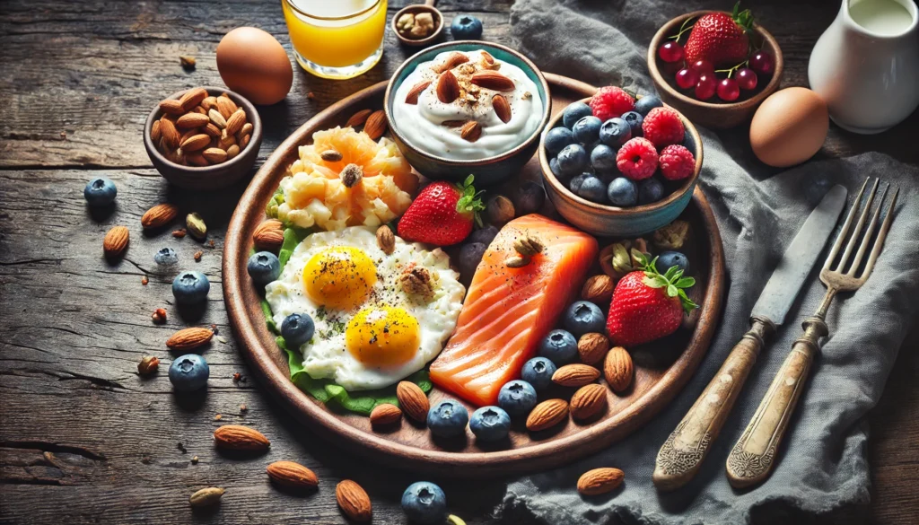 A breakfast scene featuring a plate of scrambled eggs, smoked salmon, Greek yogurt with nuts, and a side of fresh berries, set on a rustic wooden table. The nutritious spread highlights high-protein foods that enhance cognitive function and memory.