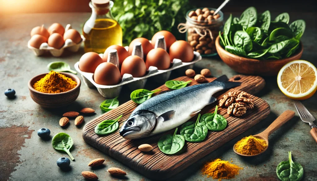 A rustic kitchen countertop featuring a cutting board with fresh brain-boosting foods, including fatty fish, eggs, spinach, turmeric, and nuts. The natural lighting and warm ambiance highlight the role of a healthy diet in supporting cognitive function and memory enhancement.