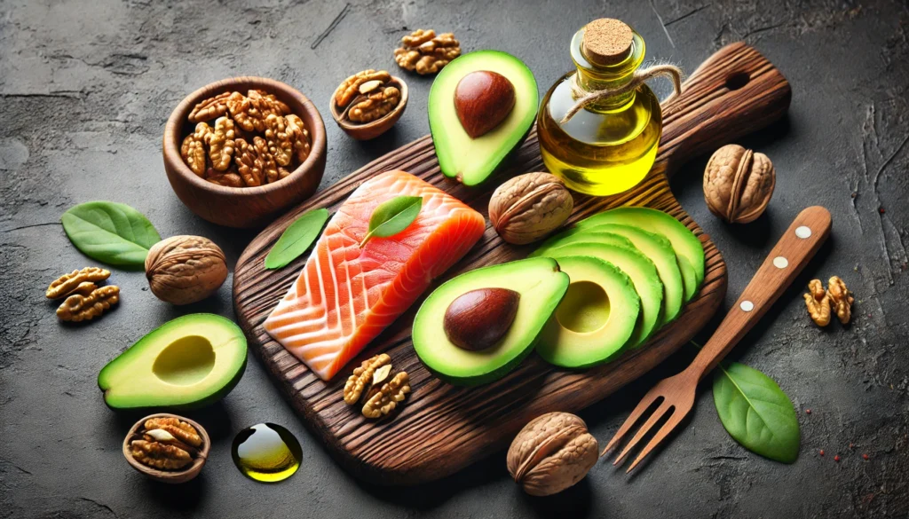 A wooden cutting board with freshly sliced avocado, wild salmon, olive oil, and walnuts arranged neatly, placed on a dark stone countertop. The nutrient-rich ingredients emphasize foods that improve cognitive clarity and brain function.