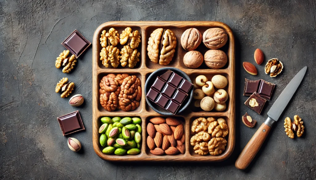 A top-down view of a wooden serving tray filled with brain-healthy nuts such as walnuts, almonds, pistachios, and Brazil nuts, accompanied by a small bowl of dark chocolate pieces. The arrangement highlights the cognitive benefits of these nutritious snacks.