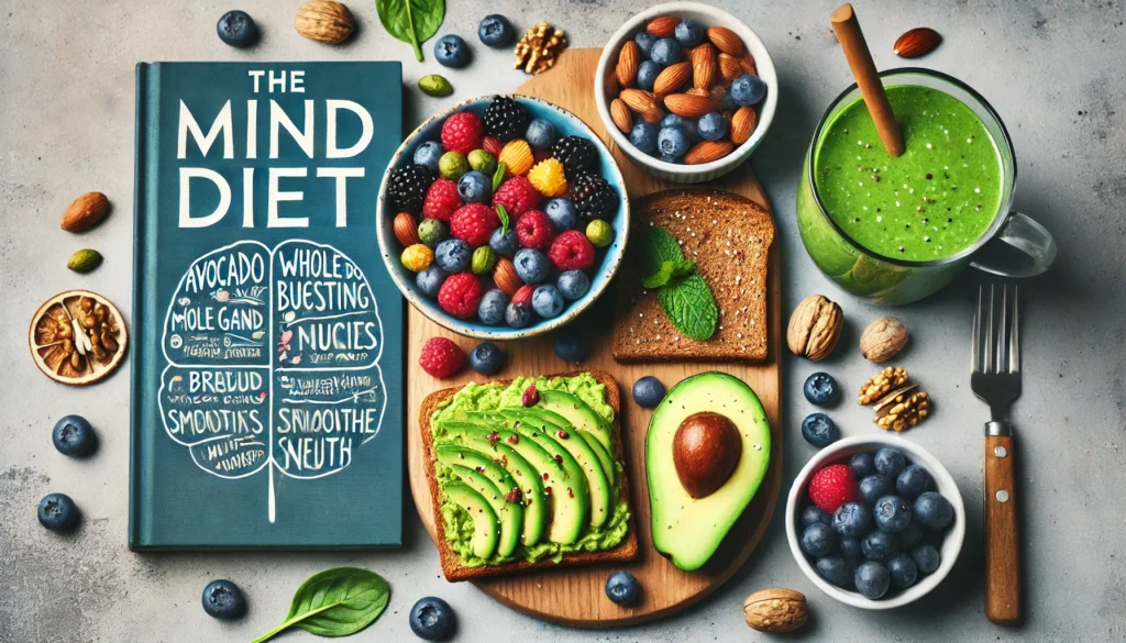 A colorful breakfast spread inspired by the MIND diet, featuring avocado toast on whole grain bread, a bowl of mixed berries, nuts, and a green smoothie. The fresh ingredients emphasize brain-boosting nutrition and cognitive health.