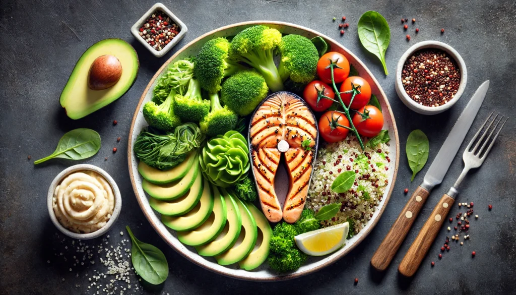 A beautifully arranged dinner plate featuring a brain-healthy meal of grilled salmon, quinoa, steamed broccoli, and avocado slices. The elegant presentation and balanced nutrition emphasize foods that strengthen neural pathways and enhance memory.