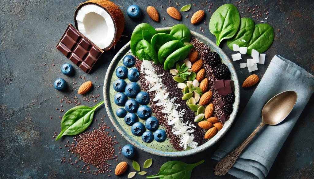 A top-down view of a smoothie bowl filled with brain-boosting ingredients such as spinach, flaxseeds, blueberries, almonds, and dark chocolate, garnished with coconut shavings. The vibrant and fresh presentation highlights foods that combat brain fog and support cognitive function.