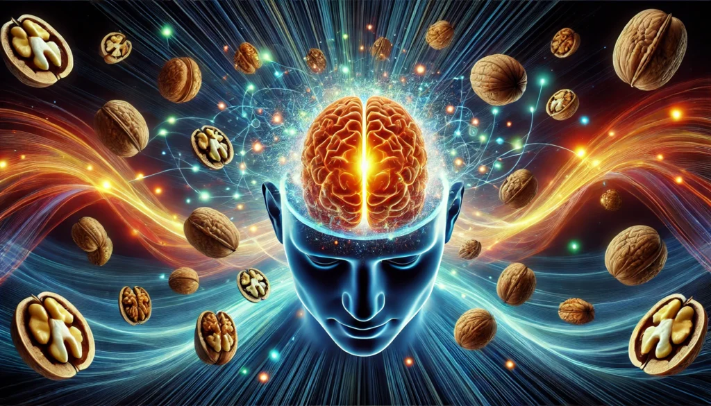 A futuristic artistic visualization of a glowing human brain surrounded by floating walnut-shaped neural connections, symbolizing the link between nut consumption and enhanced cognitive function. The vibrant energy waves emphasize the brain-boosting benefits of nuts.