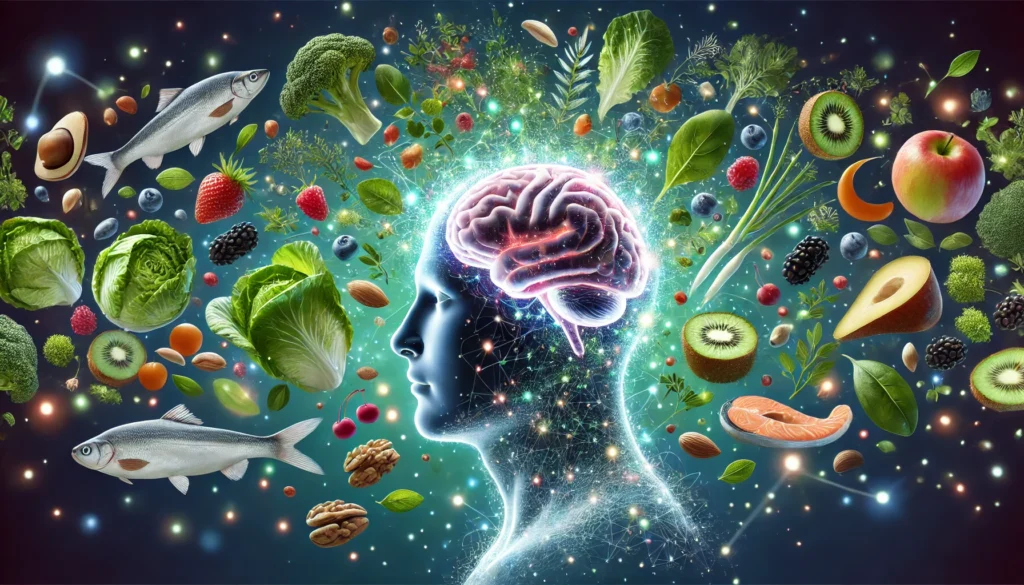 A futuristic digital visualization of a glowing human brain surrounded by floating nutrient-rich food elements such as leafy greens, berries, fish, and nuts. The image symbolizes the impact of the MIND diet on cognitive health and memory enhancement.