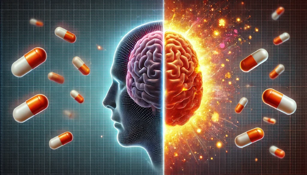 A split-screen concept showing two versions of a human brain: one appearing dull and fatigued, the other glowing with energy and sharpness, with supplement pills floating between them, representing potential cognitive effects.