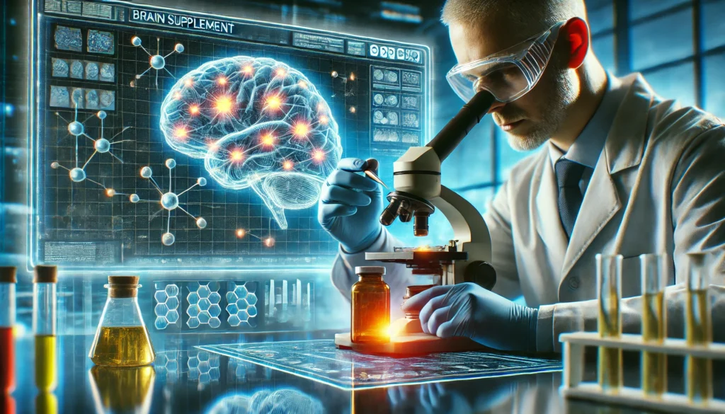 A scientist in a high-tech laboratory analyzing a brain supplement under a microscope, with a digital screen in the background displaying a glowing brain with neural pathways lighting up, symbolizing cognitive enhancement research.