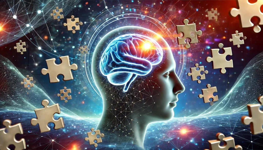 An artistic depiction of a person’s head with a glowing brain, surrounded by interactive puzzle pieces and neural connections. The background features a digital landscape symbolizing brain training programs designed for unlocking human potential.