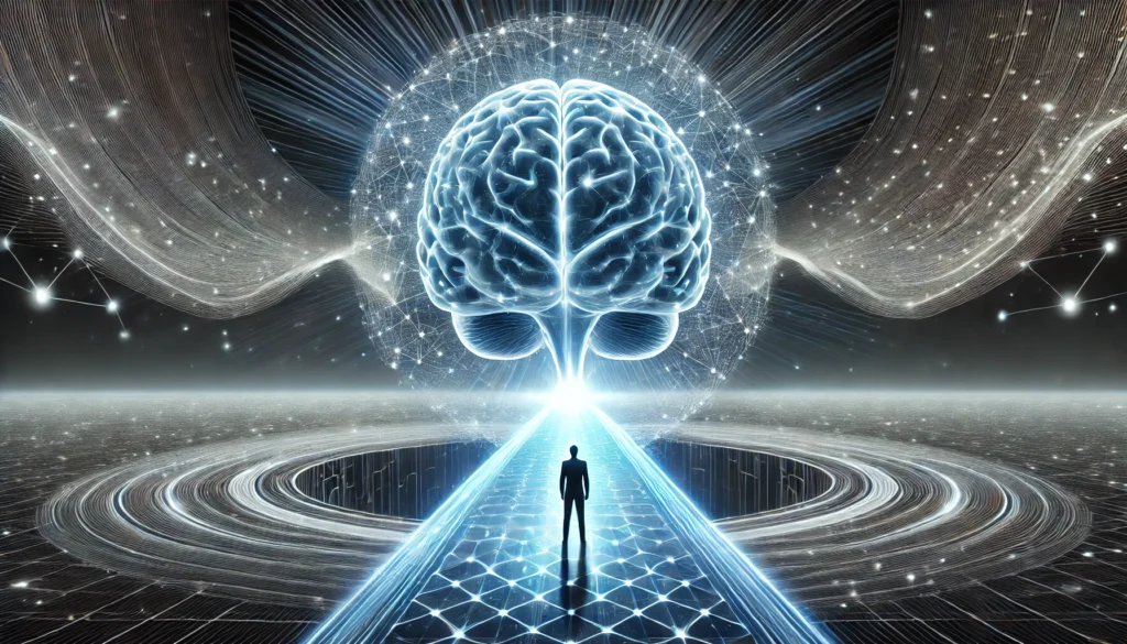 A conceptual image of a human mind evolving, represented by a person standing before a glowing digital pathway leading to an expanded brain. The image conveys the power of brain training programs in unlocking human potential and cognitive enhancement.