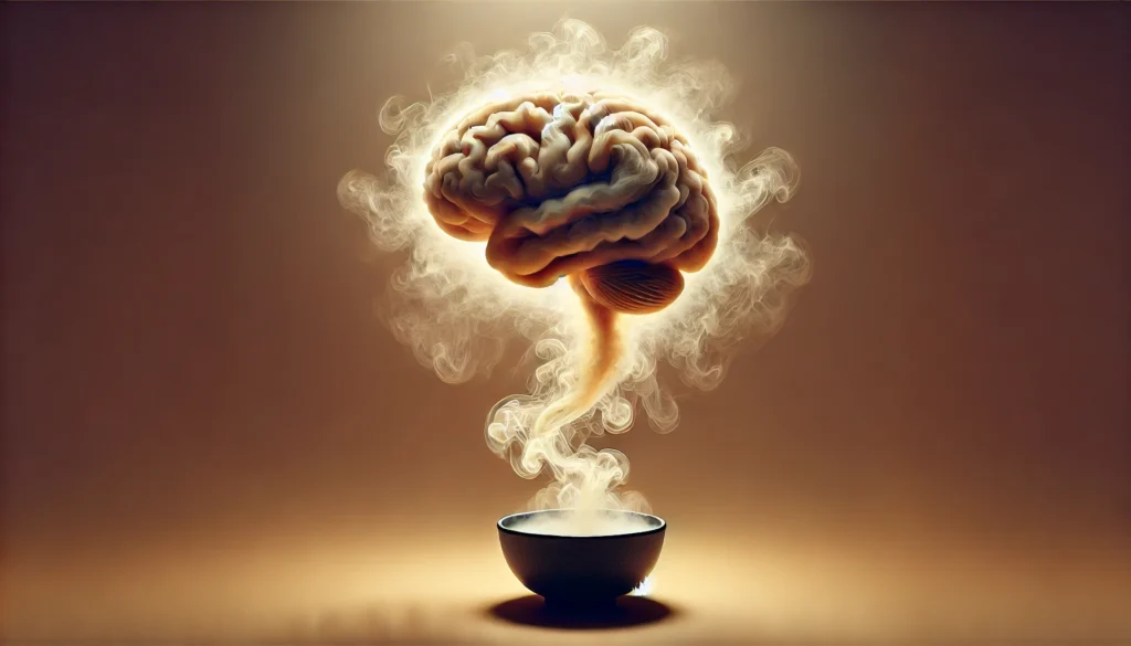 A surreal depiction of a foggy human brain emerging from swirling steam above a bowl of soup. The misty brain shape slowly dissipates, creating an ethereal and mysterious ambiance.