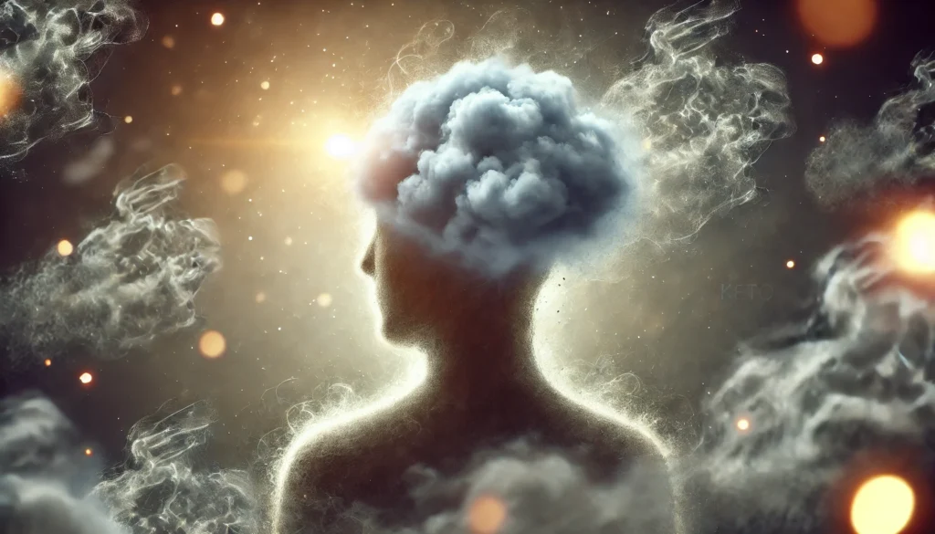 An abstract visualization of a human silhouette with a fog-like substance swirling around their head, representing confusion and cognitive sluggishness linked to keto brain fog.