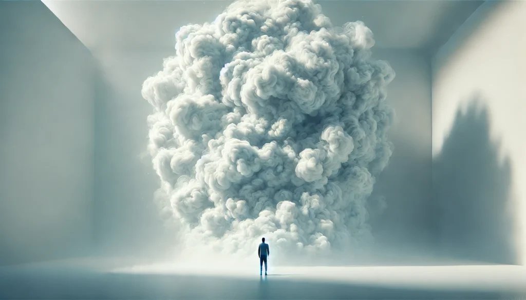 A conceptual depiction of a person standing in a vast open space, their head enveloped in thick, swirling fog, illustrating the feeling of mental fogginess on a keto diet.