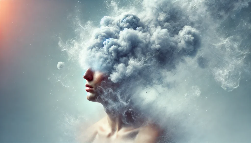 A surreal close-up of a person's face dissolving into mist, symbolizing forgetfulness and cognitive struggles associated with keto brain fog, set against an ethereal blue-gray background.