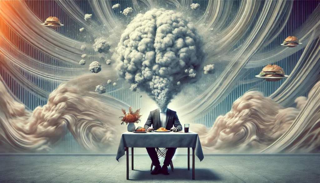 A conceptual artwork depicting a person at a dining table with their head transforming into swirling clouds. The blurred surroundings and muted colors convey mental confusion and post-meal fatigue.