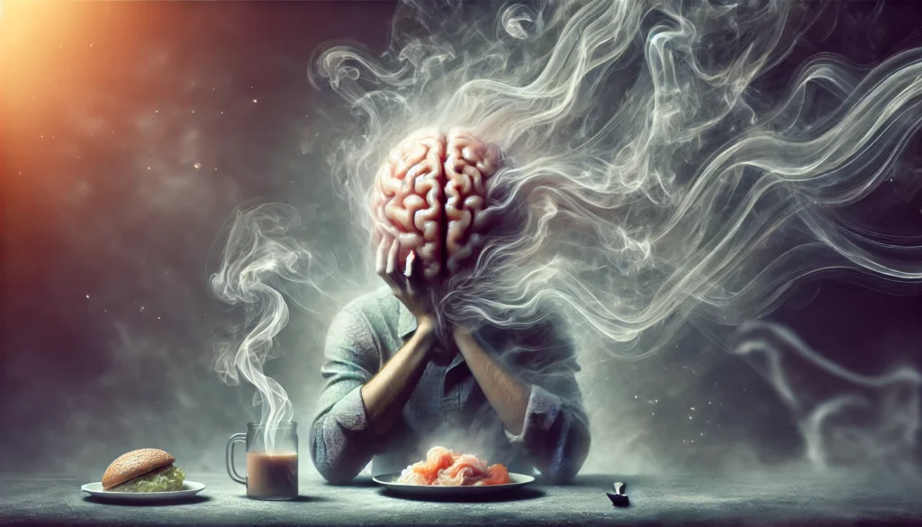 A surreal scene of a person with a melting face sitting in front of food, illustrating brain fog after eating. Wisps of fog swirl around their head in a dimly lit environment, creating a dreamlike, disoriented effect.