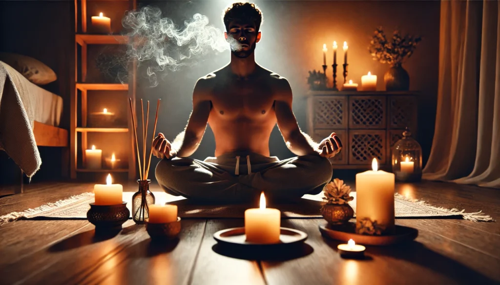 A peaceful meditation scene in a dimly lit room with soft candlelight and incense burning. A person sits on a cushion with eyes closed, hands resting gently on their knees, surrounded by a calming and harmonious atmosphere.