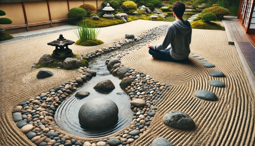 A tranquil Zen garden with a person sitting in meditation beside a small pond. The carefully arranged stones, raked sand, and flowing water create a deeply peaceful setting, representing inner peace and mindfulness through meditation.