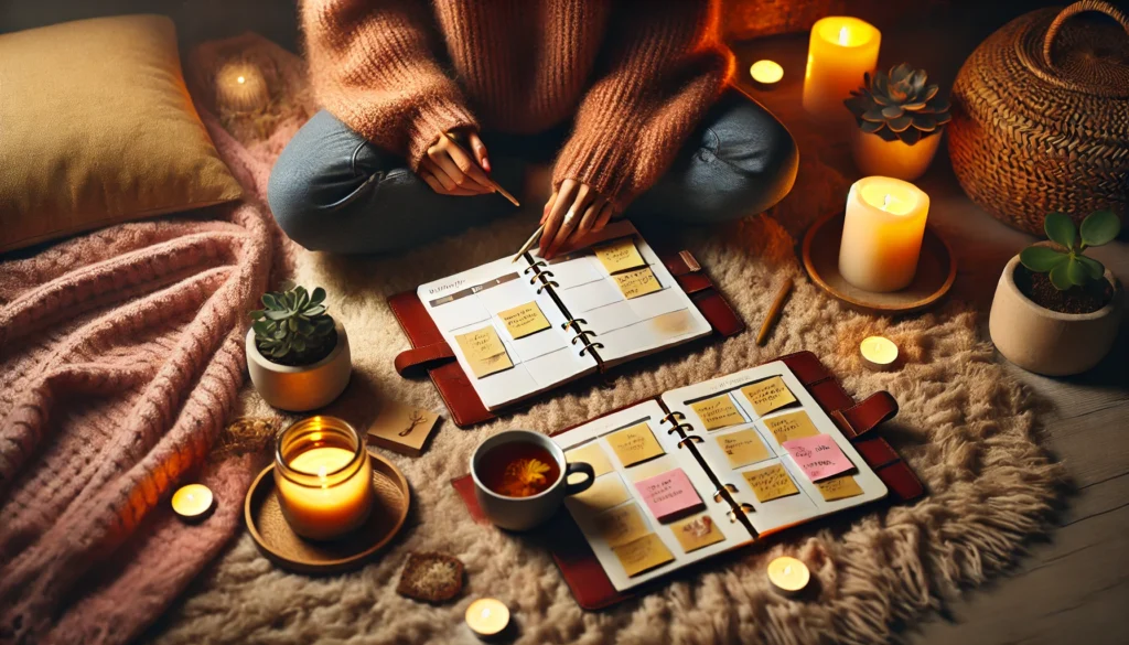 A cozy evening self-care scene with a person sitting on a soft rug, organizing their thoughts with sticky notes and a planner. A warm cup of herbal tea, candles, and a peaceful atmosphere emphasize relaxation and mental decluttering.