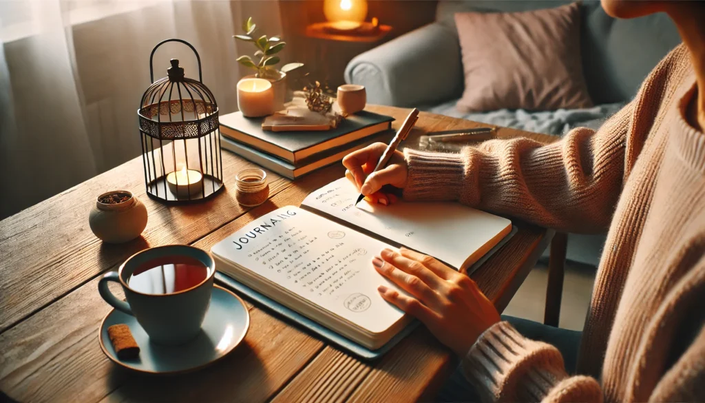 A cozy home workspace with soft lighting, a cup of tea, and an open notebook. A person's hands are seen writing, symbolizing journaling as an effective strategy for managing constant stress and organizing thoughts.