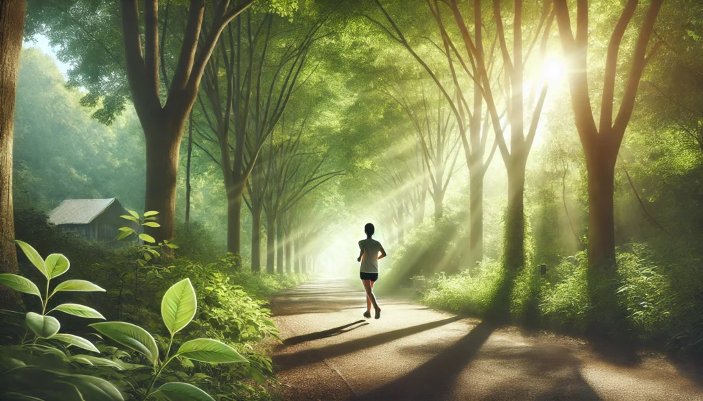 A person jogging along a scenic trail surrounded by trees, breathing in the fresh air. Sunlight filters through the leaves, creating a serene atmosphere, highlighting physical exercise as a stress reduction method.