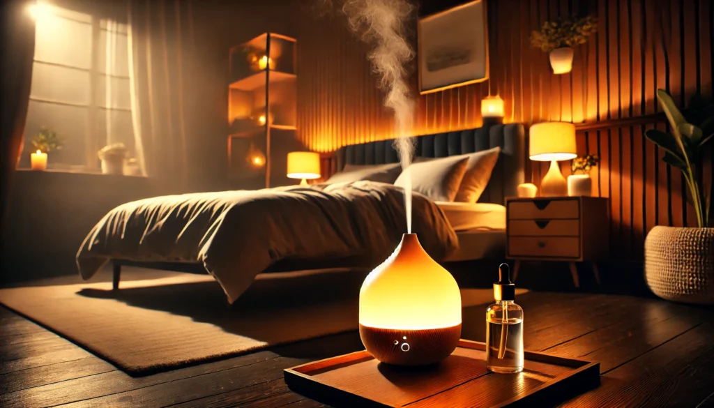 A relaxing nighttime scene of a bedroom with dim lighting, a cozy bed, and an aromatherapy diffuser emitting a gentle mist. The peaceful ambiance symbolizes the importance of quality sleep and relaxation in managing stress.