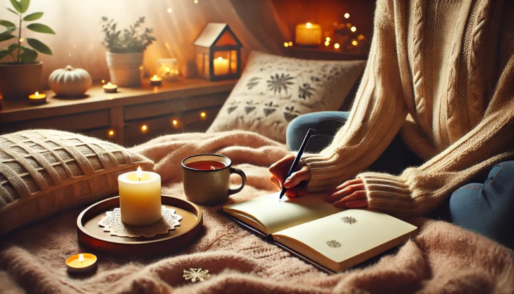 A warm indoor space with soft lighting, where a person is journaling in a notebook while sipping a cup of tea. A comfortable blanket and a candle on the table enhance the relaxing and stress-relieving environment.