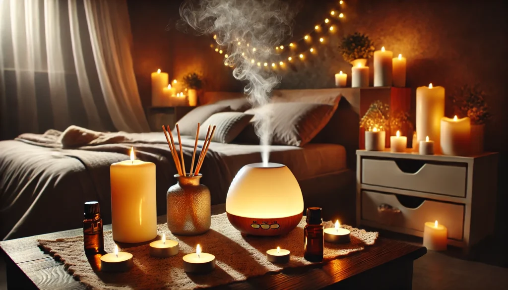 A serene setting with an essential oil diffuser emitting soft mist, surrounded by candles and calming decor in a dimly lit bedroom, enhancing stress relief and sleep quality.