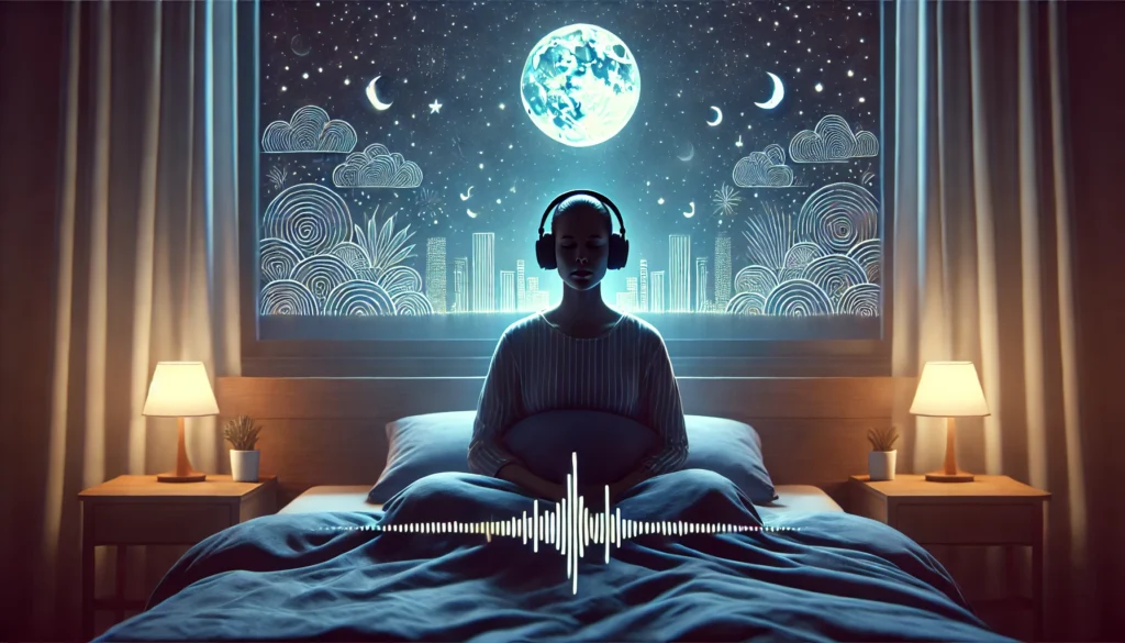 A peaceful scene where a person is lying in bed with closed eyes, listening to calming sleep sounds through headphones, immersed in a tranquil nighttime environment.