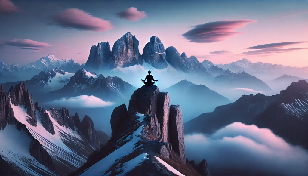 A breathtaking mountain meditation scene with a person seated on a rocky cliff surrounded by towering snow-capped peaks. The soft twilight sky of pink and blue creates a surreal atmosphere, embodying the essence of meditation.