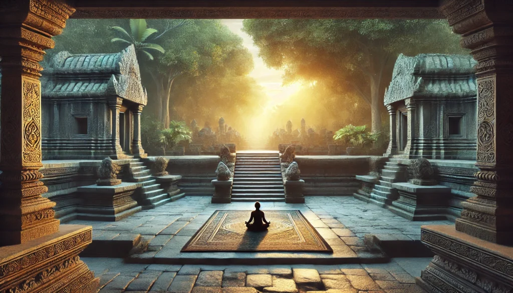 An ancient temple courtyard with stone steps leading to an open meditation area. A person is seated on a mat in the center, meditating under the golden light of dusk, evoking traditional and spiritual meditation practices.